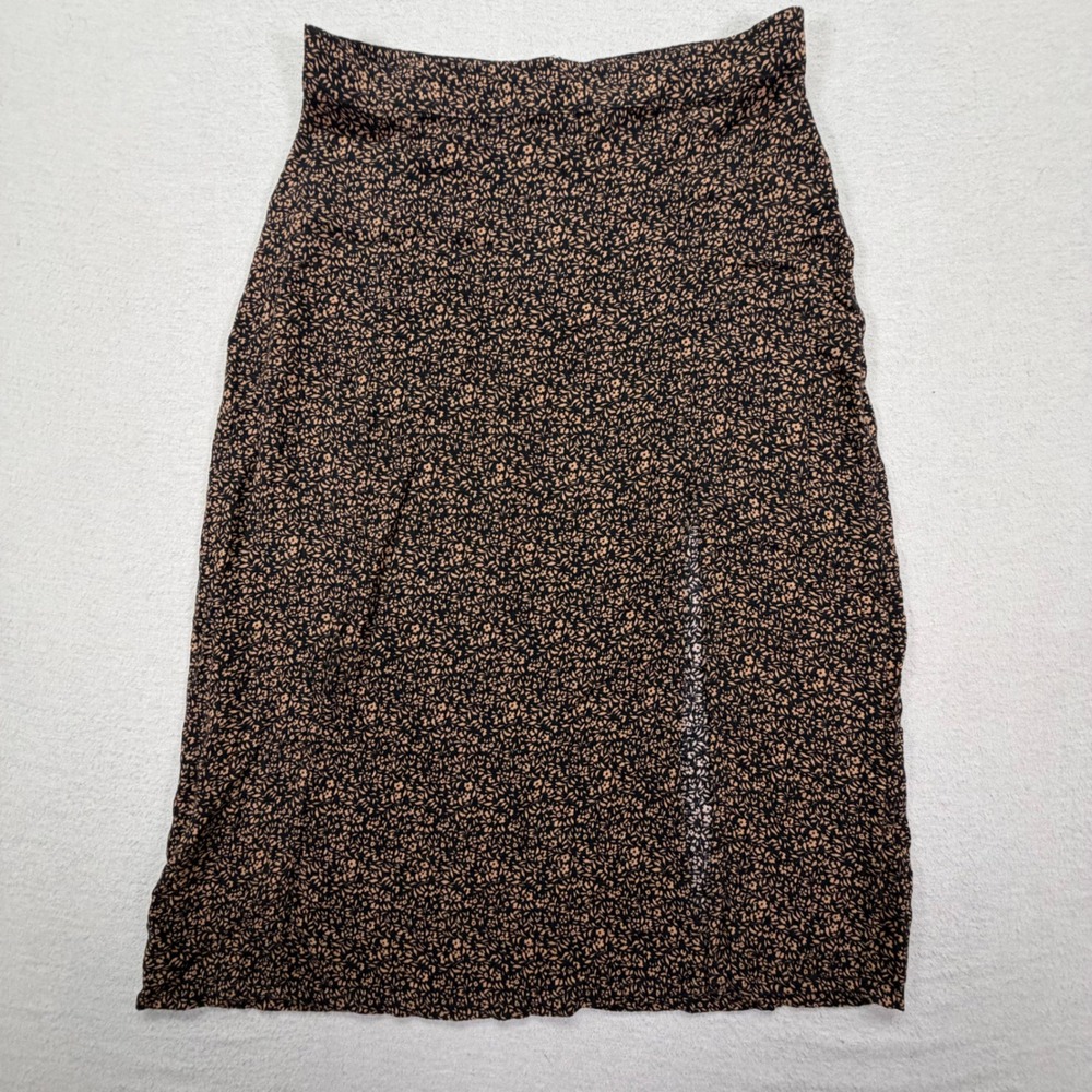 American Eagle Midi Skirt Womens Small Good Brown Black Ditsy Floral Side Slit